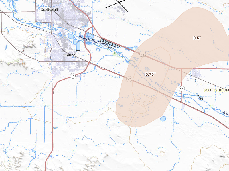 Radar-estimated hail-size map of the storm over Gering, NE on Jun 8, 2026