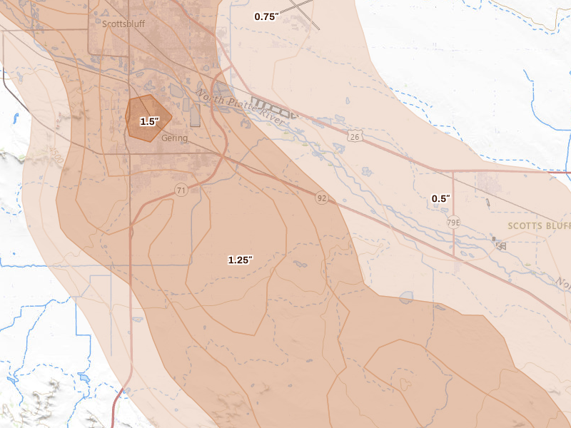 Radar-estimated hail-size map of the storm over Gering, NE on Jun 22, 2026