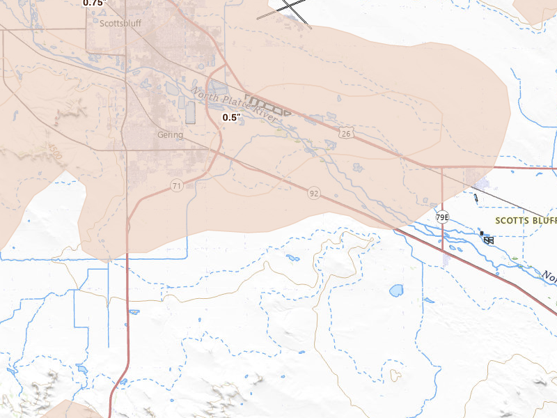 Radar-estimated hail-size map of the storm over Gering, NE on Jun 26, 2026