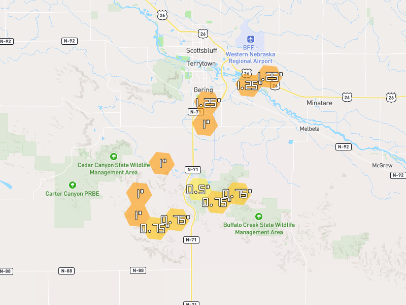 Hail map of Gering, NE on Jun 26, 2026, hail up to 1.25"