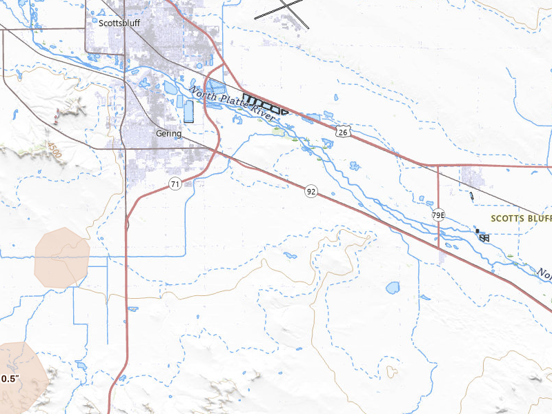 Radar-estimated hail-size map of the storm over Gering, NE on Jul 7, 2026