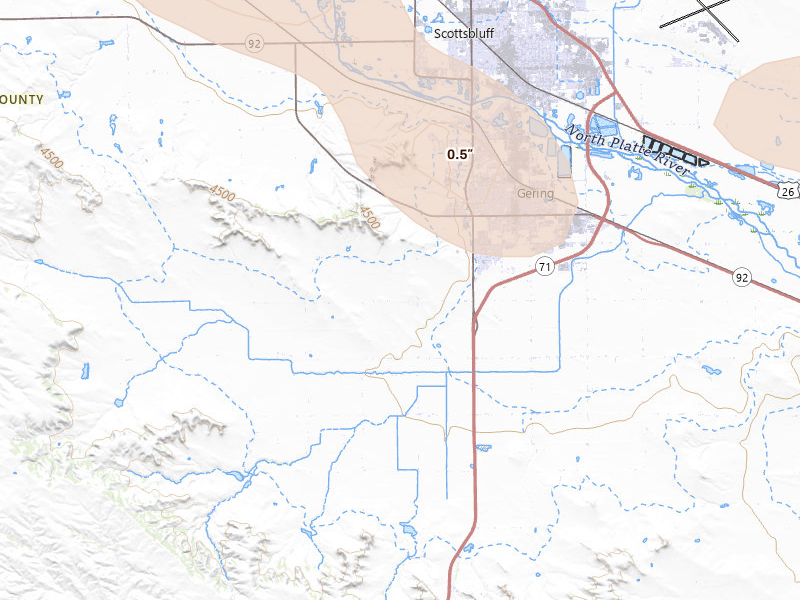 Radar-estimated hail-size map of the storm over Gering, NE on Aug 9, 2026