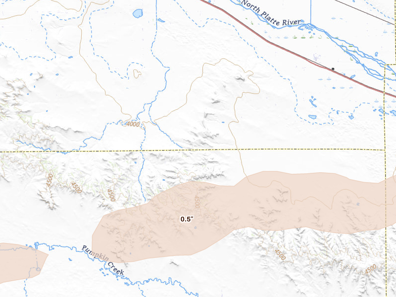 Radar-estimated hail-size map of the storm over Gering, NE on Aug 16, 2026