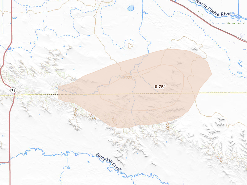 Radar-estimated hail-size map of the storm over Gering, NE on Aug 28, 2026