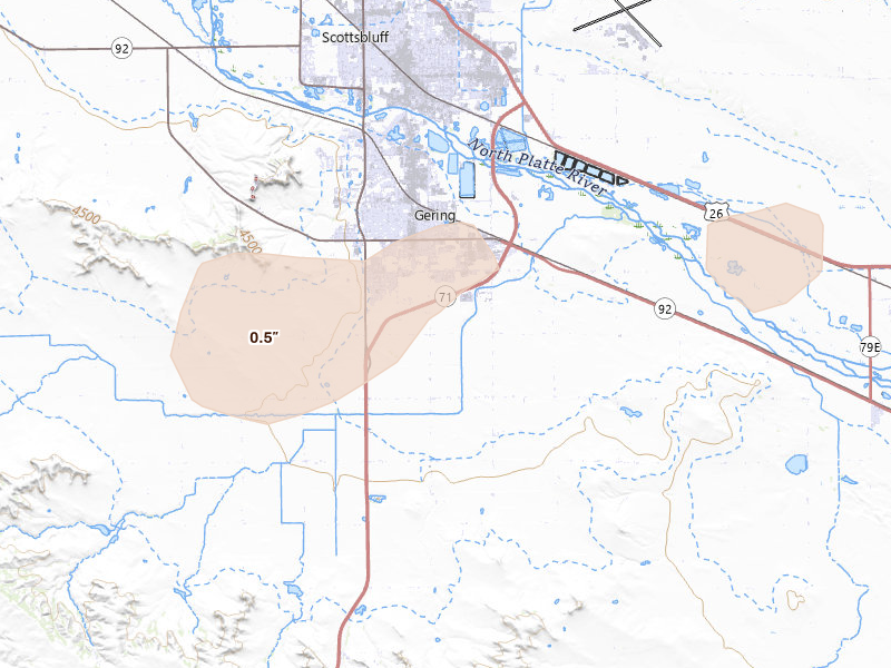 Radar-estimated hail-size map of the storm over Gering, NE on Aug 29, 2026