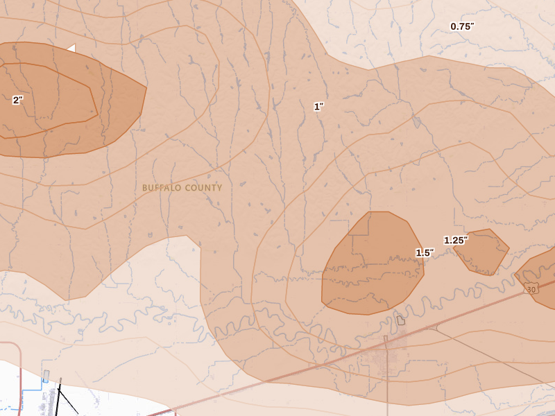 Radar-estimated hail-size map of the storm over Gibbon, NE on May 16, 2026