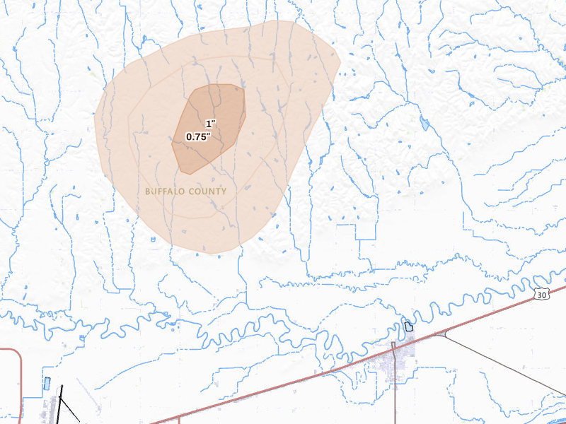 Radar-estimated hail-size map of the storm over Gibbon, NE on Jun 5, 2026