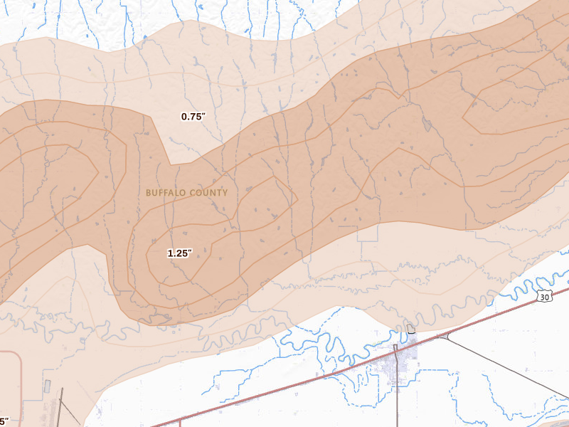 Radar-estimated hail-size map of the storm over Gibbon, NE on Jun 10, 2026