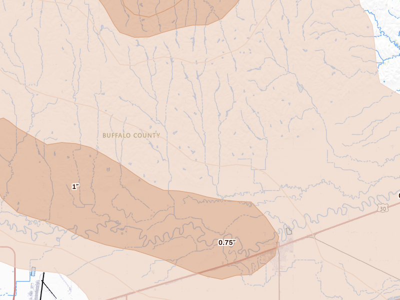 Radar-estimated hail-size map of the storm over Gibbon, NE on Jun 20, 2026
