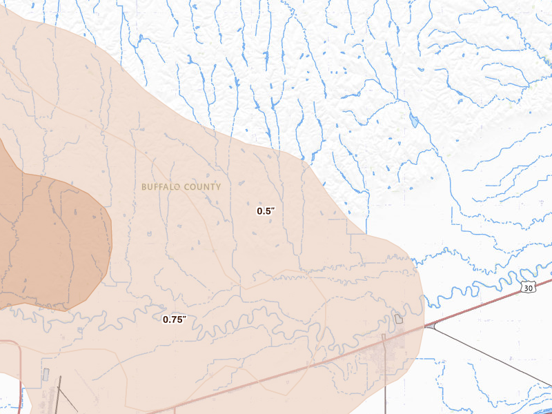 Radar-estimated hail-size map of the storm over Gibbon, NE on Jul 30, 2026