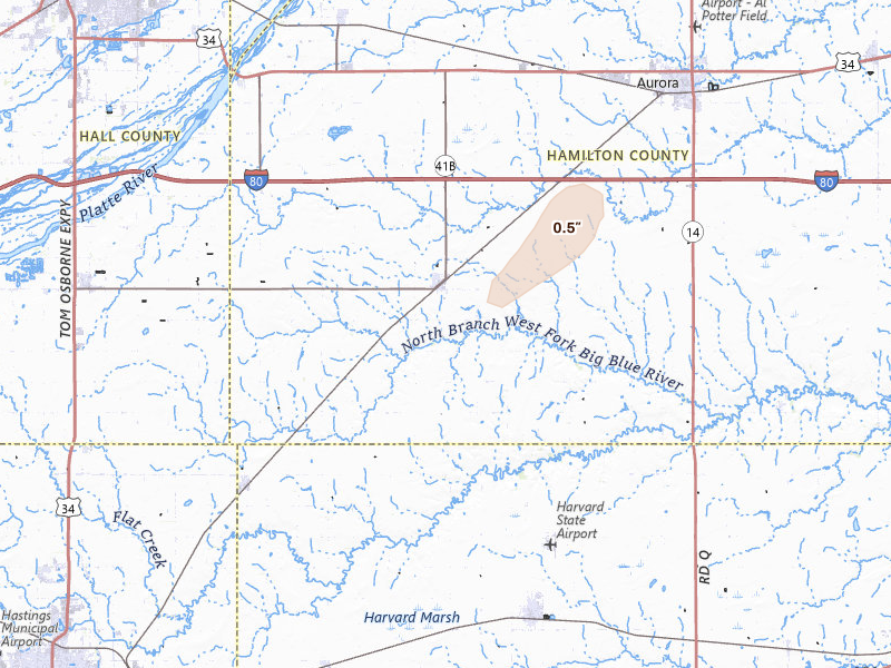 Radar-estimated hail-size map of the storm over Giltner, NE on Apr 25, 2026