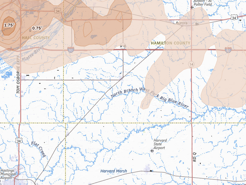 Radar-estimated hail-size map of the storm over Giltner, NE on May 16, 2026