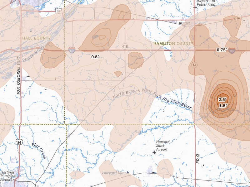 Radar-estimated hail-size map of the storm over Giltner, NE on Jun 5, 2026