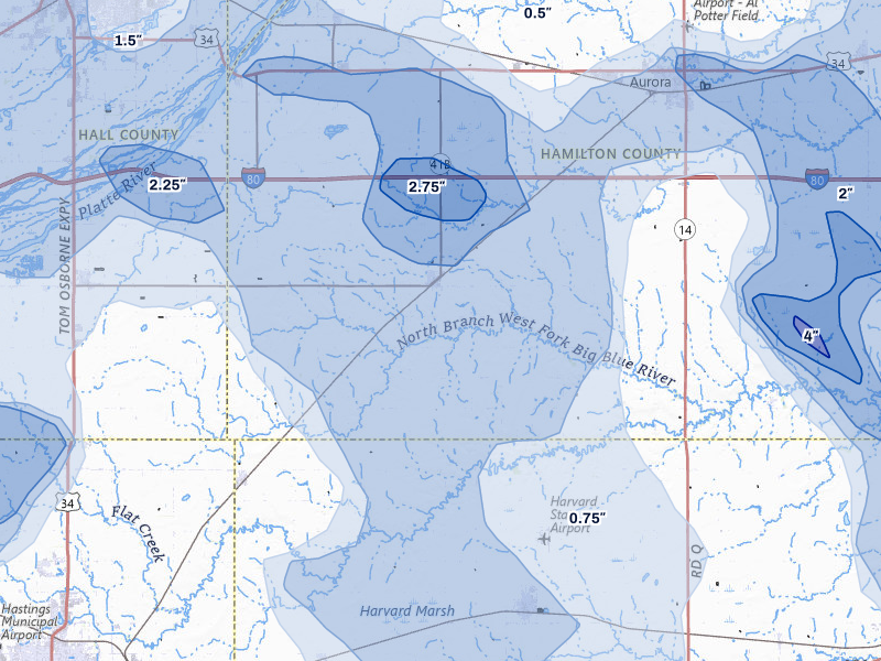 NEXRAD radar-signature map of the hail storm over Giltner, NE on Jun 5, 2026