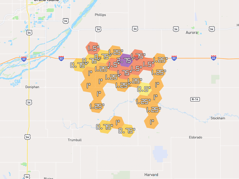 Hail map of Giltner, NE on Jun 6, 2026, hail up to 2.75"