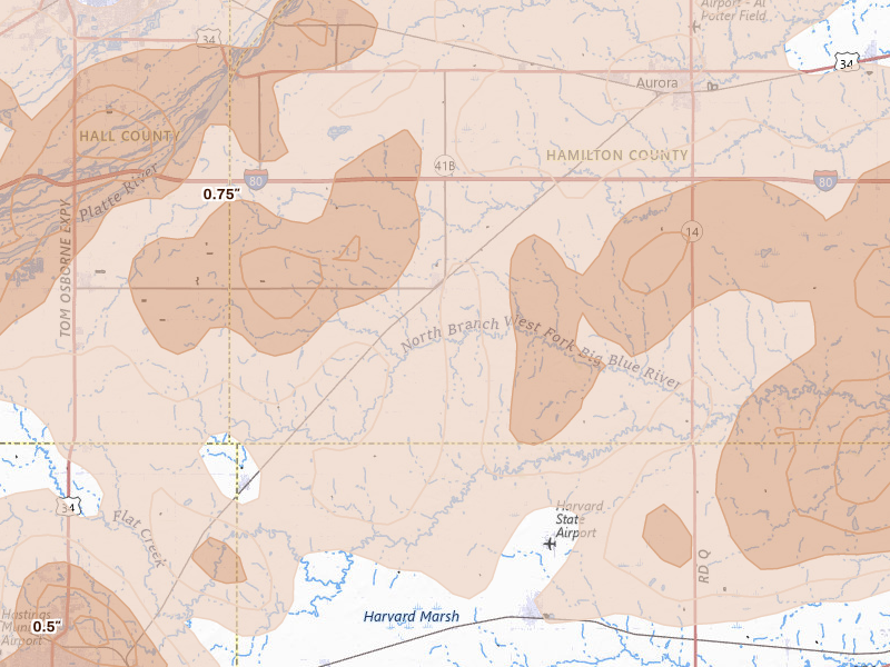 Radar-estimated hail-size map of the storm over Giltner, NE on Jun 10, 2026