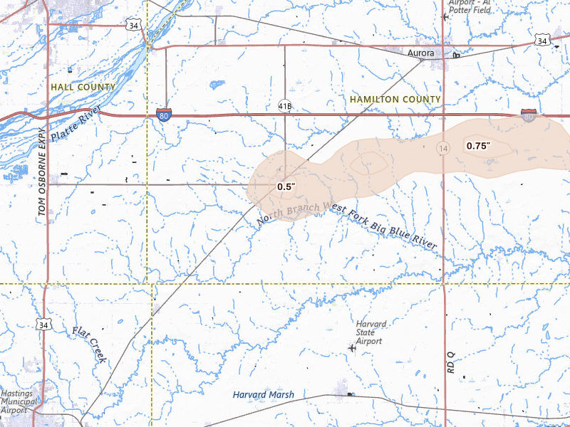 Radar-estimated hail-size map of the storm over Giltner, NE on Jul 3, 2026