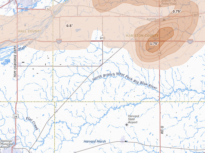 Radar-estimated hail-size map of the storm over Giltner, NE on Jul 8, 2026