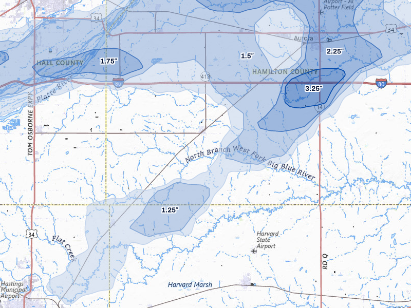 NEXRAD radar-signature map of the hail storm over Giltner, NE on Jul 8, 2026