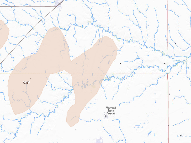 Radar-estimated hail-size map of the storm over Giltner, NE on Aug 17, 2026
