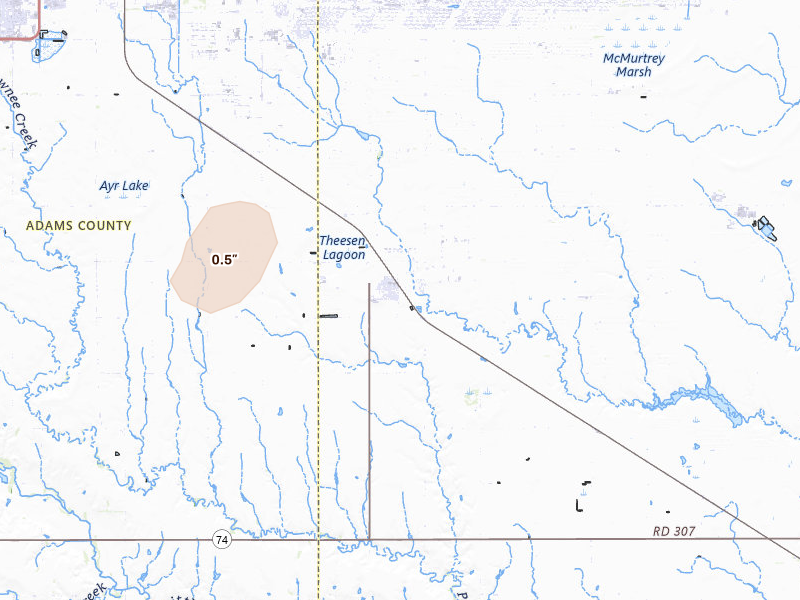 Radar-estimated hail-size map of the storm over Glenvil, NE on Apr 25, 2026