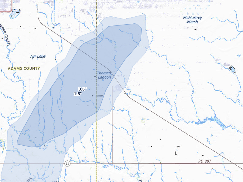 NEXRAD radar-signature map of the hail over Glenvil, NE