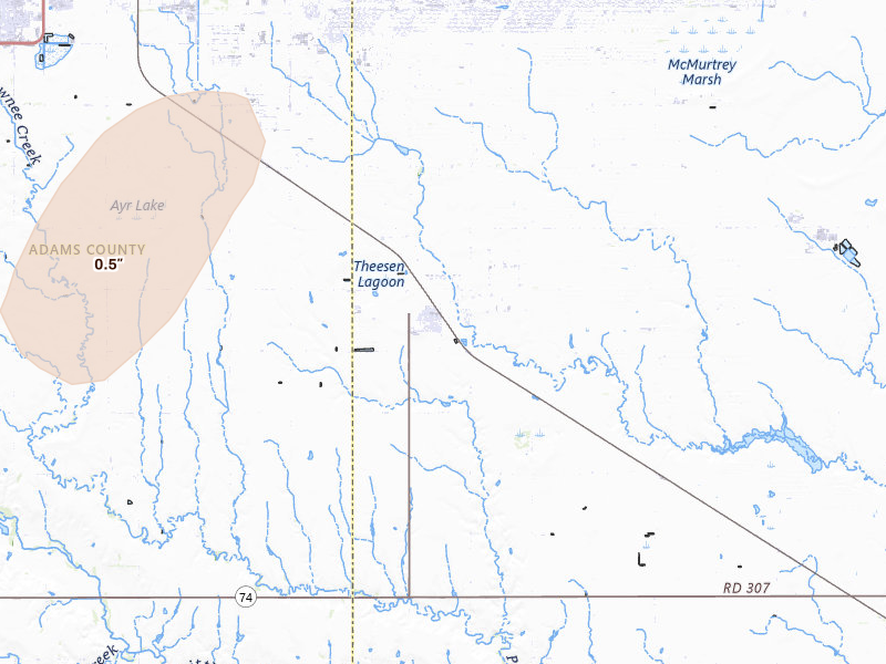 Radar-estimated hail-size map of the storm over Glenvil, NE on May 16, 2026
