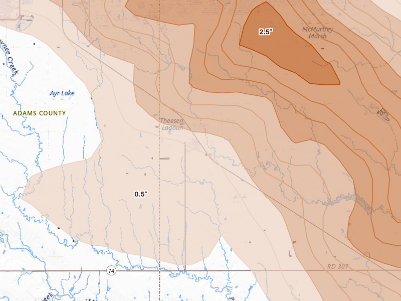 Radar-estimated hail-size map of the storm over Glenvil, NE on Jun 20, 2026