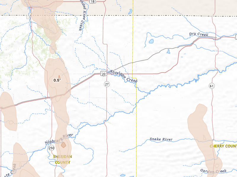Radar-estimated hail-size map of the storm over Gordon, NE on May 30, 2026