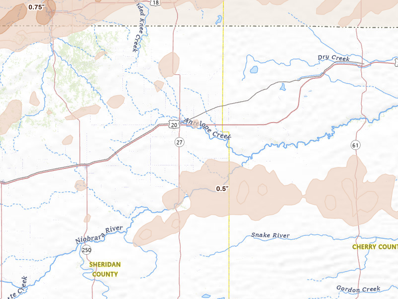 Radar-estimated hail-size map of the storm over Gordon, NE on Jun 2, 2026