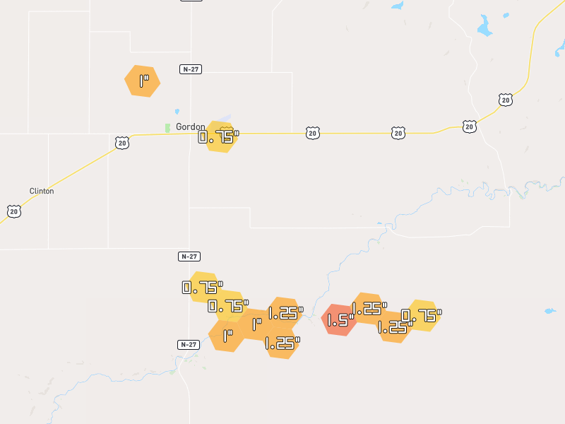 Hail map of Gordon, NE on Jun 3, 2026, hail up to 1.5"