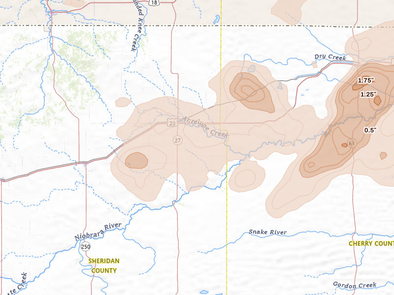 Radar-estimated hail-size map of the storm over Gordon, NE on Jun 4, 2026
