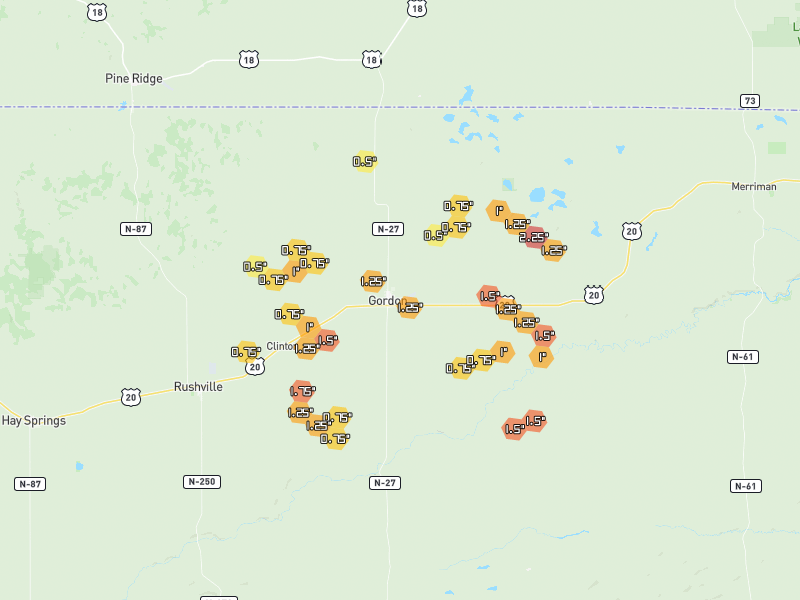 Hail map of Gordon, NE on Jun 5, 2026, hail up to 2.25"