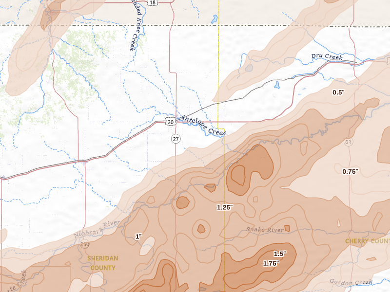 Radar-estimated hail-size map of the storm over Gordon, NE on Jun 27, 2026