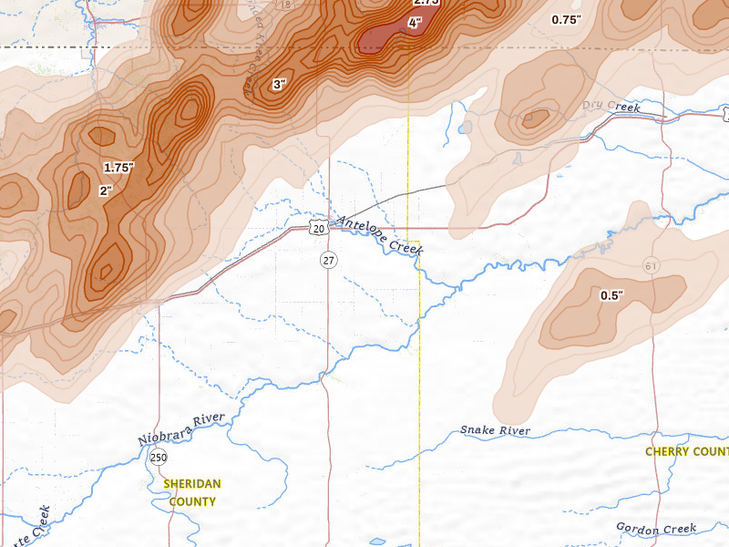 Radar-estimated hail-size map of the storm over Gordon, NE on Jun 28, 2026