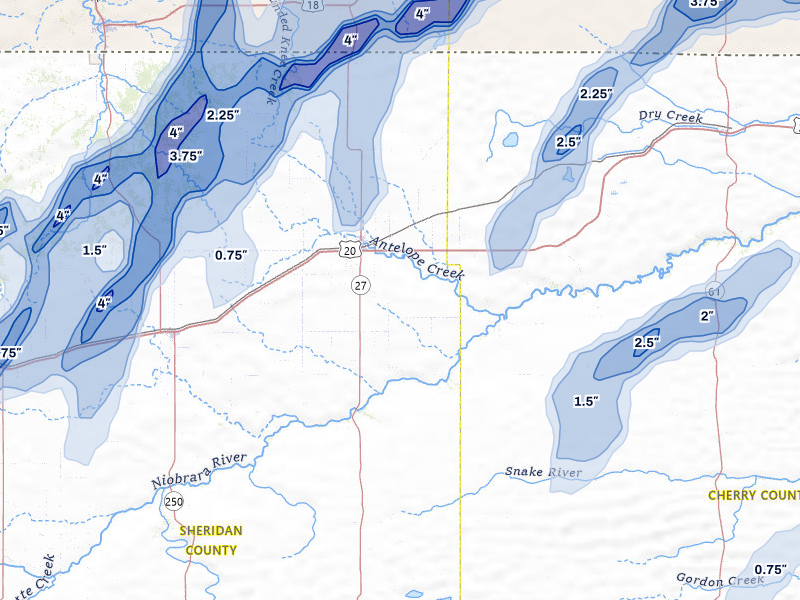 NEXRAD radar-signature map of the hail storm over Gordon, NE on Jun 28, 2026