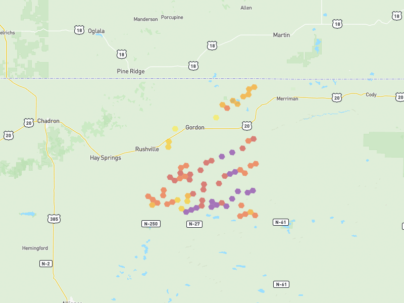 Hail map of Gordon, NE on Jun 28, 2026, hail up to 3.5"