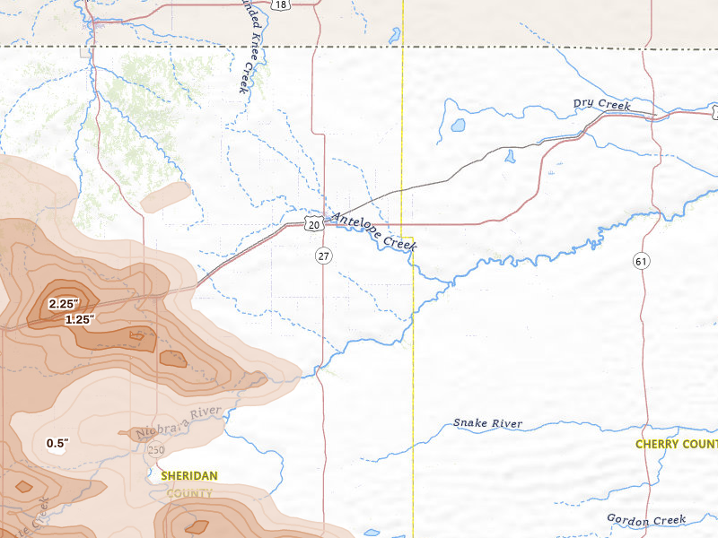 Radar-estimated hail-size map of the storm over Gordon, NE on Jul 3, 2026