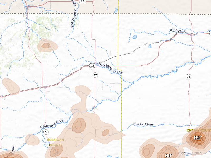 Radar-estimated hail-size map of the storm over Gordon, NE on Jul 6, 2026