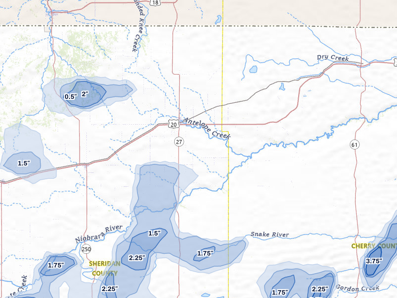 NEXRAD radar-signature map of the hail storm over Gordon, NE on Jul 6, 2026