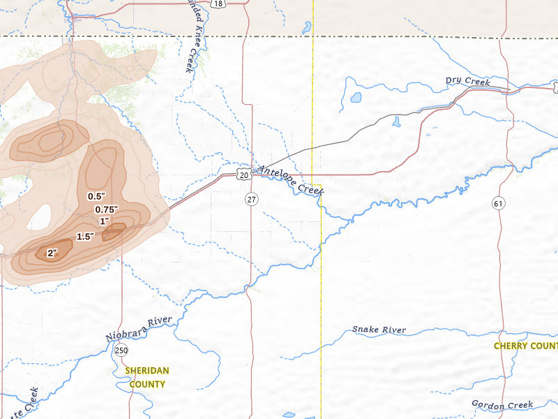 Radar-estimated hail-size map of the storm over Gordon, NE on Jul 7, 2026