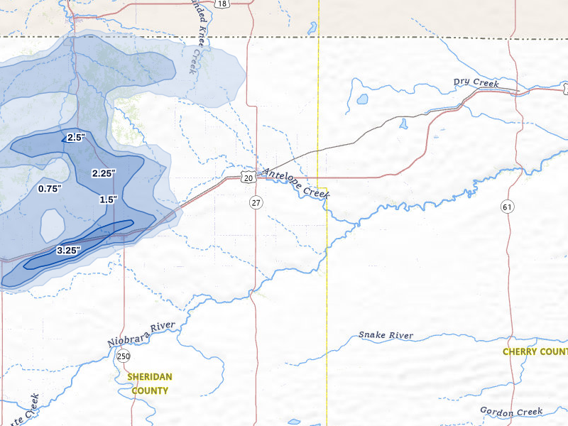 NEXRAD radar-signature map of the hail storm over Gordon, NE on Jul 7, 2026