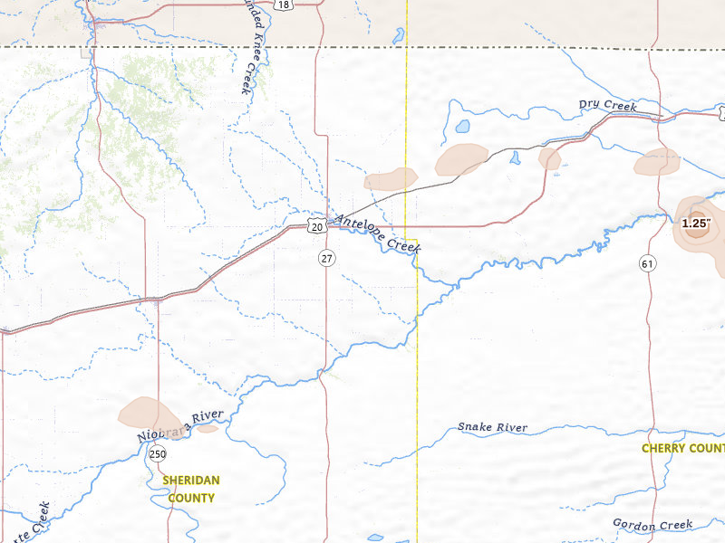 Radar-estimated hail-size map of the storm over Gordon, NE on Jul 9, 2026