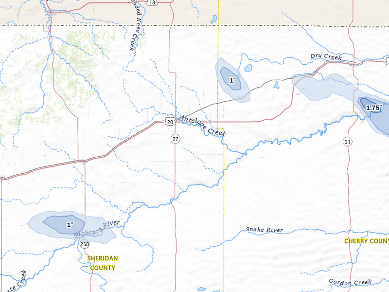 NEXRAD radar-signature map of the hail storm over Gordon, NE on Jul 9, 2026