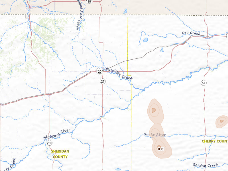 Radar-estimated hail-size map of the storm over Gordon, NE on Jul 28, 2026