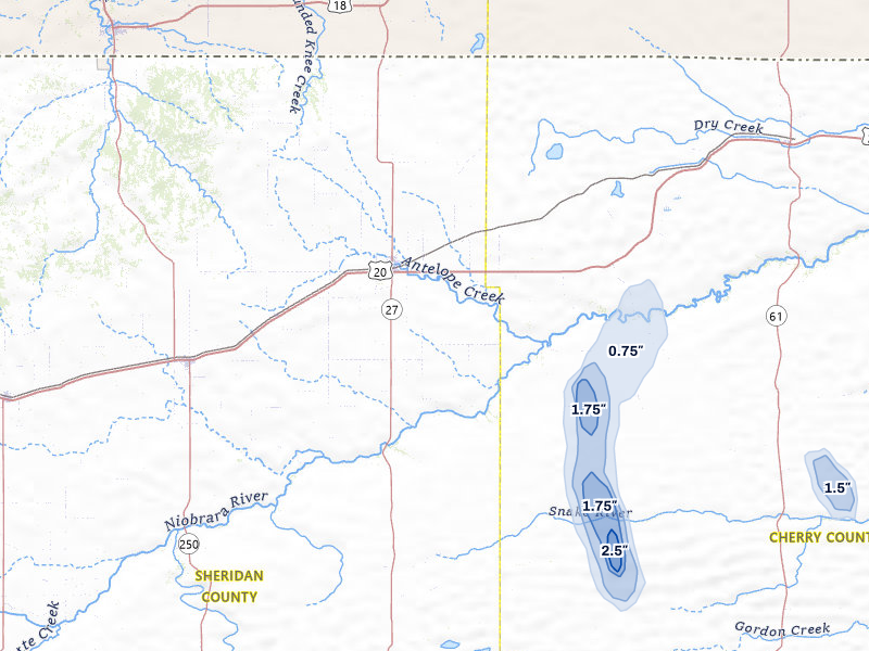 NEXRAD radar-signature map of the hail storm over Gordon, NE on Jul 28, 2026