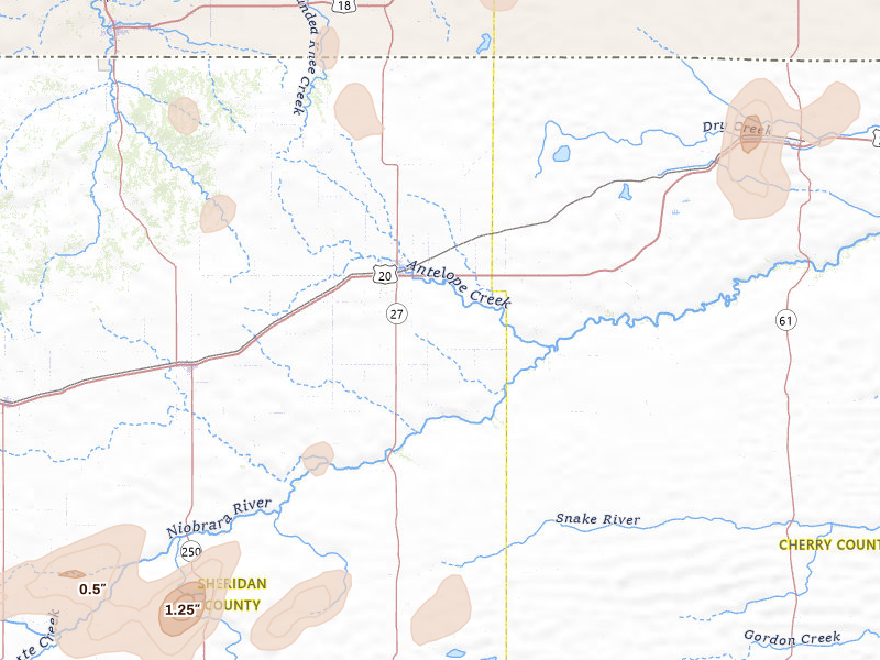 Radar-estimated hail-size map of the storm over Gordon, NE on Jul 29, 2026