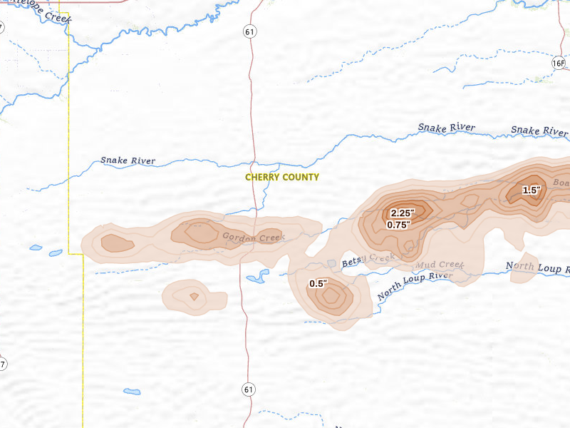 Radar-estimated hail-size map of the storm over Gordon, NE on Aug 10, 2026
