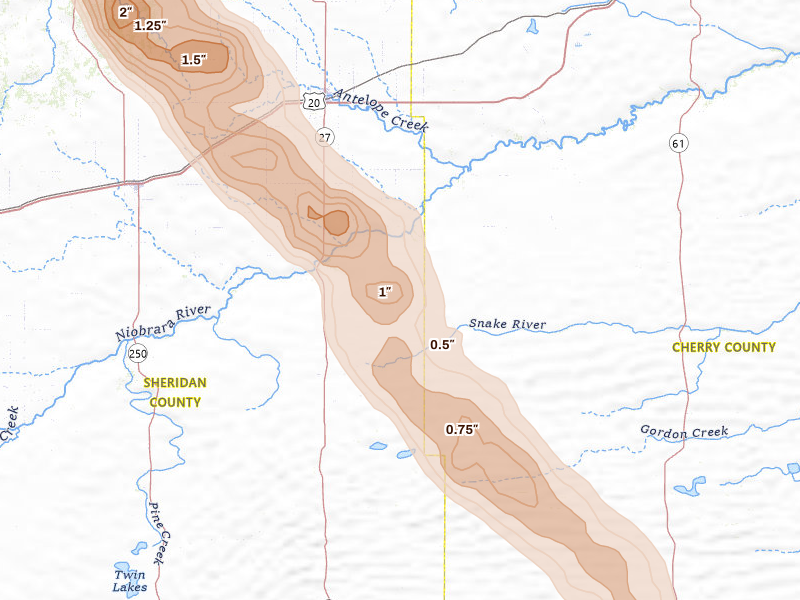 Radar-estimated hail-size map of the storm over Gordon, NE on Aug 11, 2026