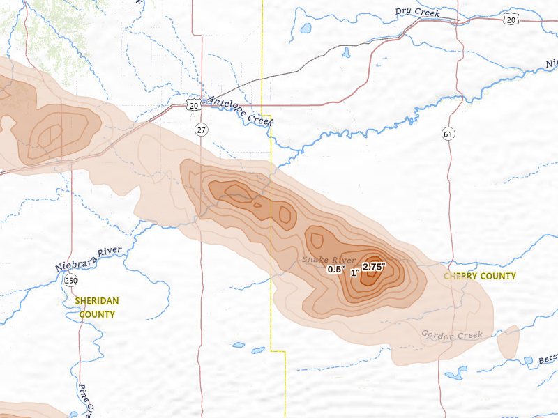 Radar-estimated hail-size map of the storm over Gordon, NE on Aug 12, 2026